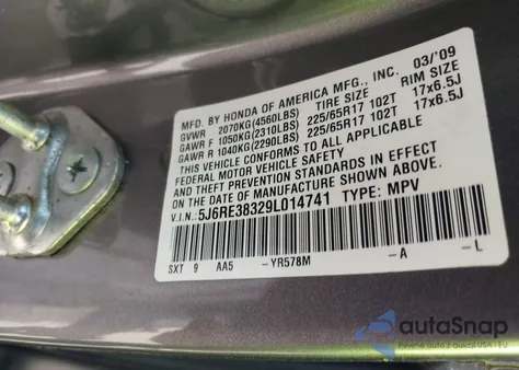 2009 Honda Cr-V Lx z USA, uszkodzony, nr VIN 5J6RE38329L014741